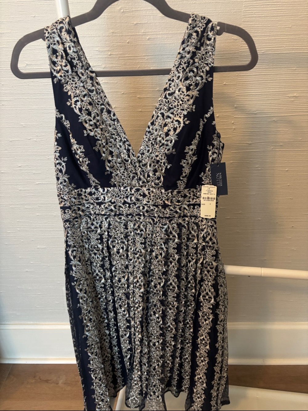 NWT Marchesa Notte Embroidered Navy and Silver V-Neck Midi Dress